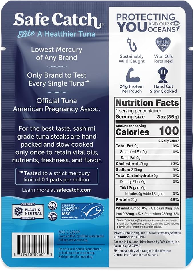 Safe Catch Elite Tuna Wild-Caught Lowest Mercury Tuna Fish Pouch Gluten-Free Keto Food Non-GMO