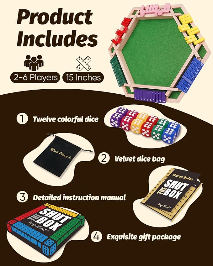 Original Classic 2-6 Player Shut The Box Game, Math Dice Board Game for Family Night Classroom