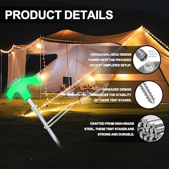 12 Pack Screw in Tent Stakes Heavy Duty,8 Inch Ground Anchors Screw in,Metal Stakes with Hex Head