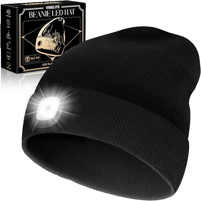 VIBELITE LED Beanie Hat with Light, USB Rechargeable LED Headlamp, Gifts for Men, Him, Husband