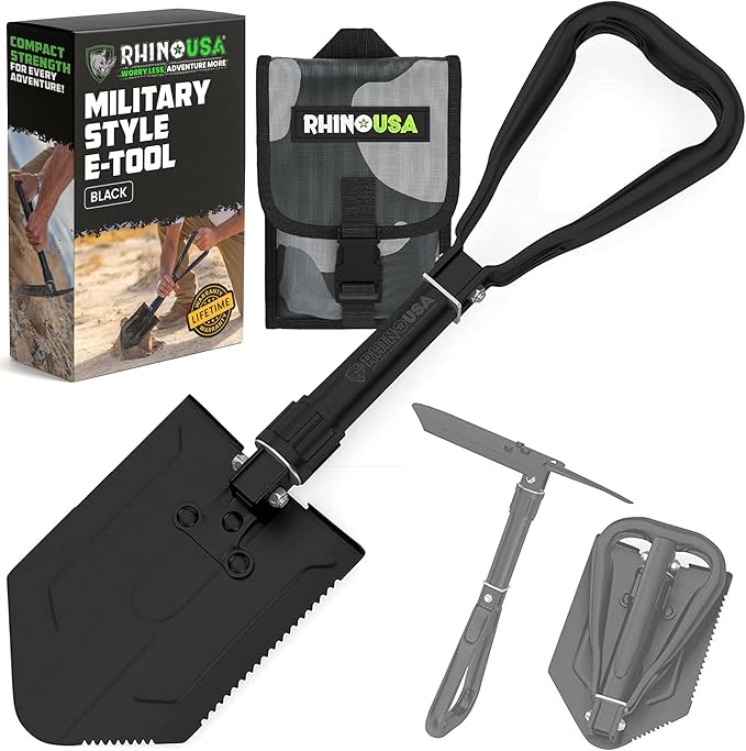 RHINO USA Folding Survival Shovel w/Pick - Heavy Duty Carbon Steel Military Style Entrenching Tool