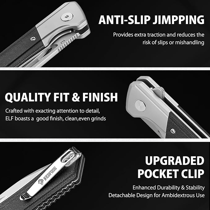 NedFoss ELF Pocket Knife, 3.3" D2 Blade EDC Knife with G10 Handle, Flipper Open, Deep Carry Pocket