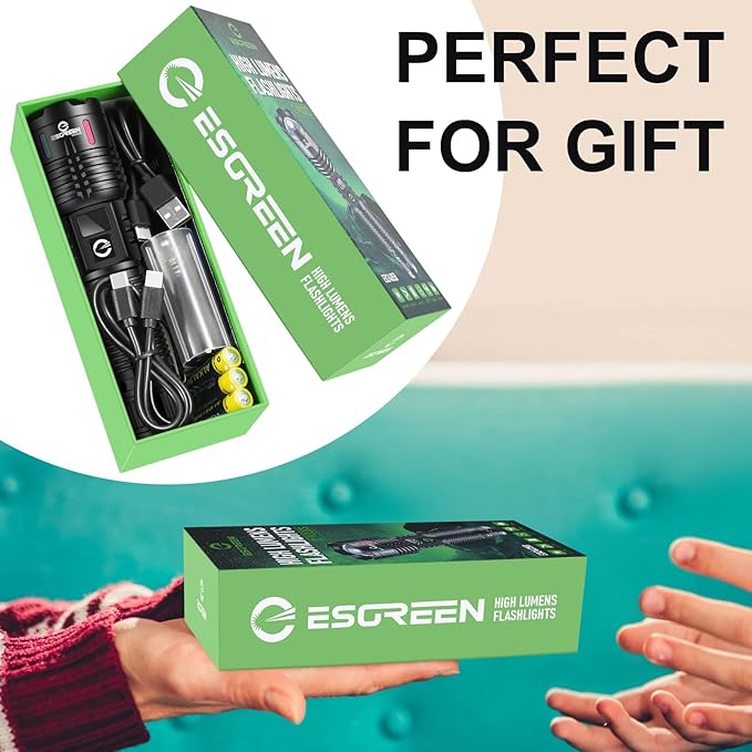 Esgreen Rechargeable Flashlights High Lumens 2000 Single 2 Modes, Super Bright LED Flashlight USB C