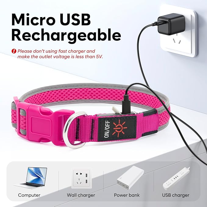 Flashseen LED Dog Collar, USB Rechargeable Light Up Dog Collar Lights, Adjustable Comfortable Soft
