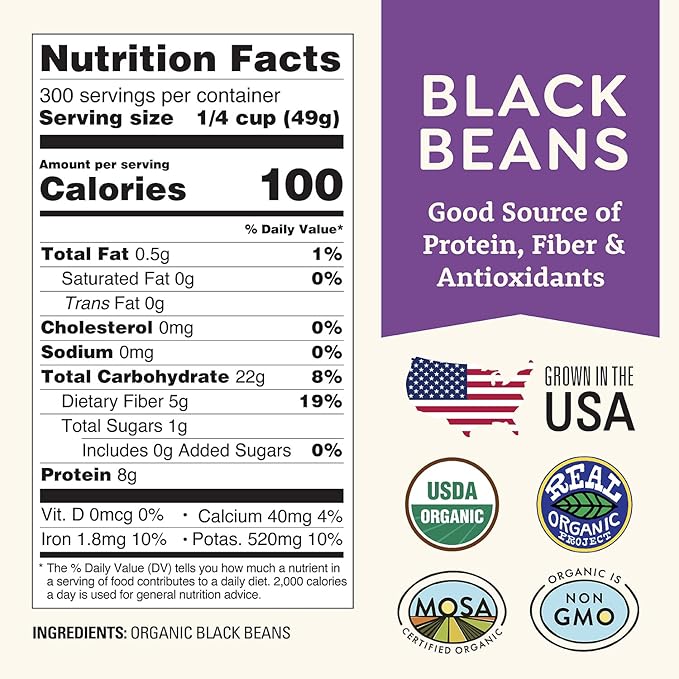 Organic Dried Black Beans 25 lb, Unsalted, Low-Sodium, Non-GMO, Farmed From Regenerative Soil