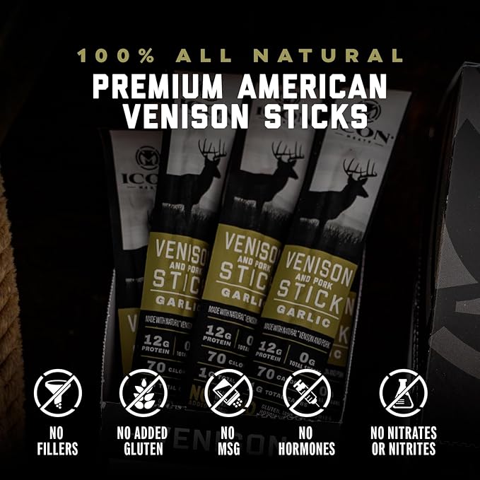 ICON Meats Venison and Pork Snack Sticks - Garlic Flavor - 24 Pack of Individually Wrapped Meat