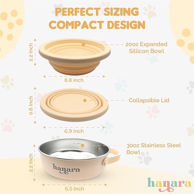 HANARA 2-in-1 Insulated Dog Bowl with Collapsible Lid & Handle ??Stainless Steel, Non-Slip Rubber