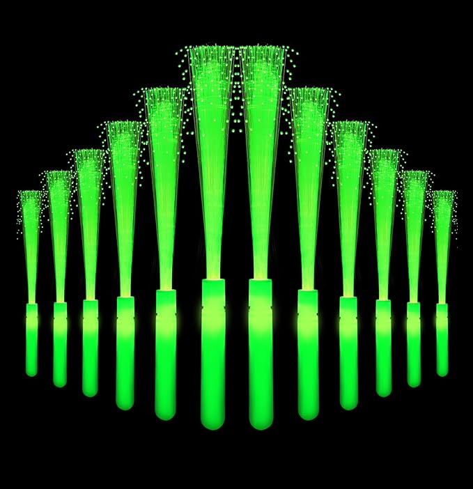 12 Pack Green Glow Sticks Light Up Fiber Optic Stick Glow Wands Bulk with 3 Flashing Models for