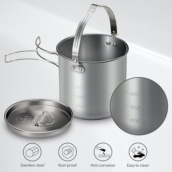 Lixada 5PCS Camping Cookware Set Stainless Steel 1.2L Camping Pot with 2 Cups & 2 Bowls