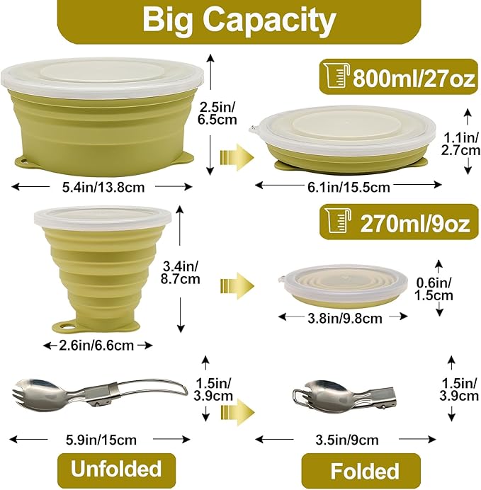 Mess Kit for Camping Silicone Collapsible Bowl Collapsible Cup and Stainless Steel Spoon for