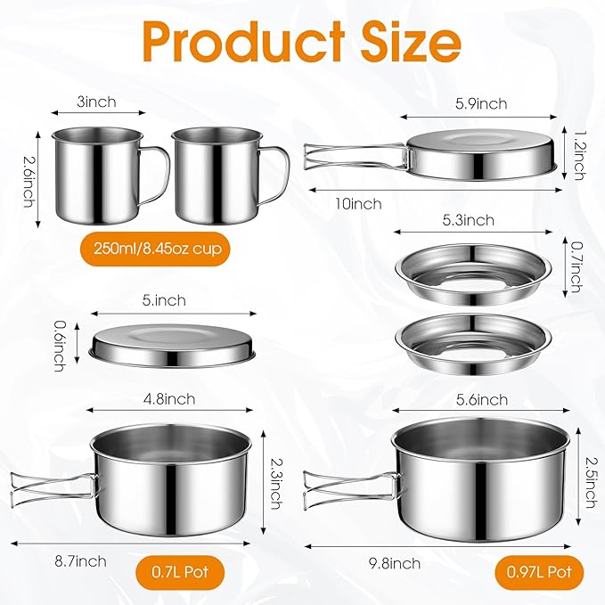14 Piece Camp Cooking Set, Stainless Steel Camping Cookware with Pot and Pan Kit 2 Set Stainless