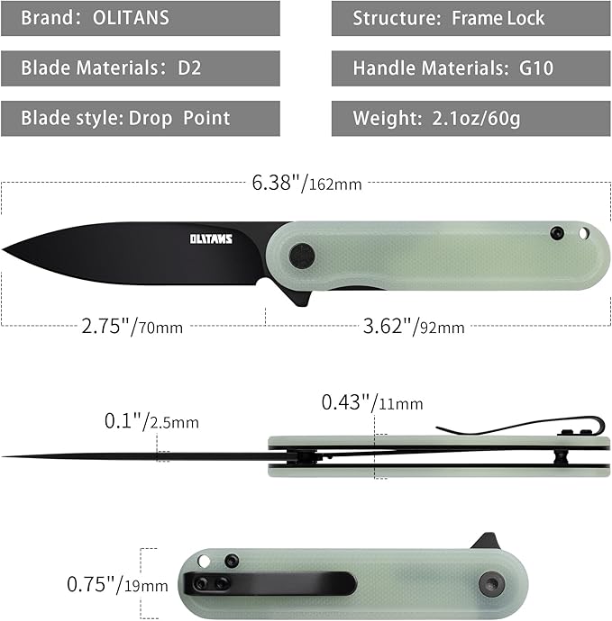 G040 Pocket Knife, 2.75'' D2 Steel Blade G10 handle, Small EDC Knife with Pocket Clip for Men