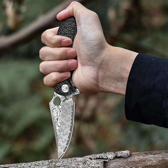 Pocket Knife for EDC Damascus Pocket Knife with Black Aluminum Handle 3.3" Damascus Blade Pocket