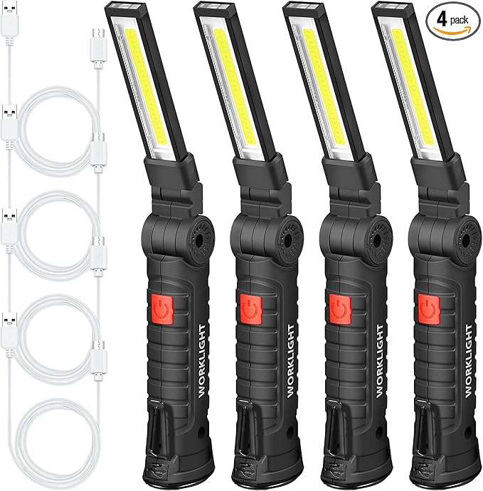 Honoson 4 Pieces LED Work Light Cob Rechargeable Work Flashlight with Magnetic Base, Hanging Hook