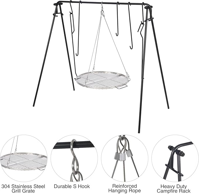 REDCAMP Swing Campfire Grill Stand - Collapsible Campfire Cooking Rack with 6 Hooks & Stainless