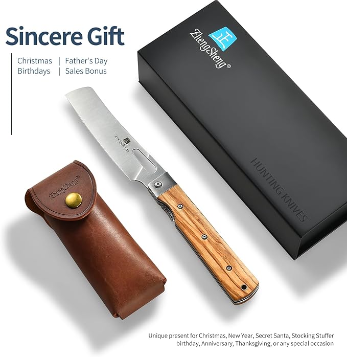 Folding Chef Knife with Leather Pouch 4.8” Sharp 440A Stainless Steel Blade Olive Handle Pocket