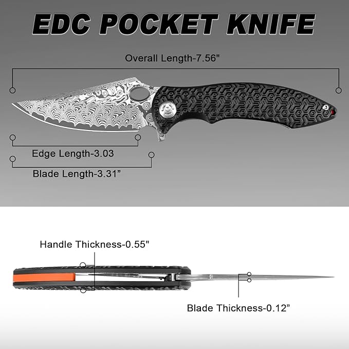 Pocket Knife for EDC Damascus Pocket Knife with Black Aluminum Handle 3.3" Damascus Blade Pocket
