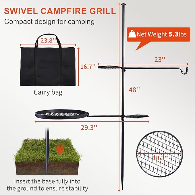 Outvita Swivel Campfire Grill, Open Fire Cooking Equipment for Camping with Height Adjustable Grill
