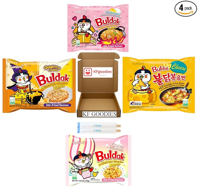KF GOODIES Korean Ramen Variety Pack Gift Box (4 Count) – Spicy Buldak Noodle Assortment for