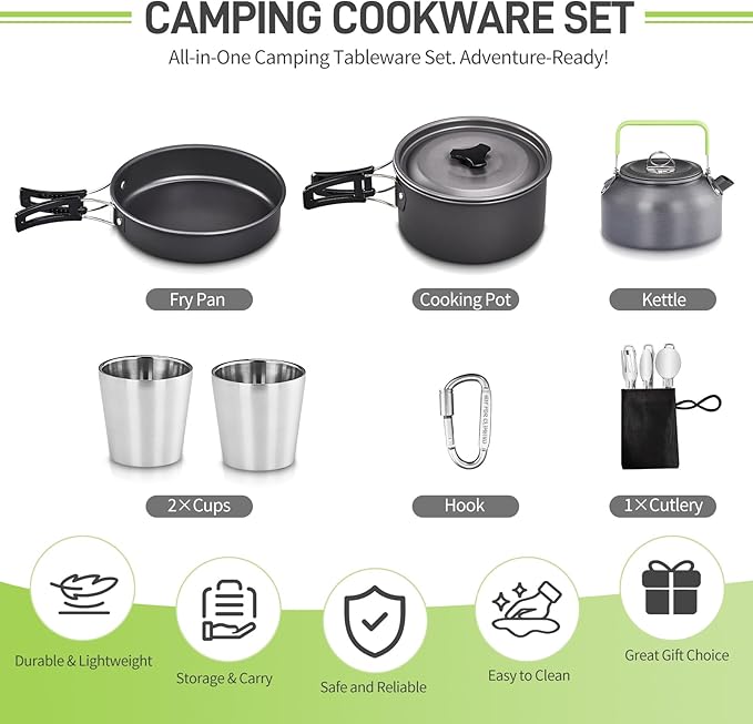 ROVSUN 10pcs Camping Cookware Mess Kit, Lightweight Non-Stick Pot Pan Kettle Set w/Stainless Steel