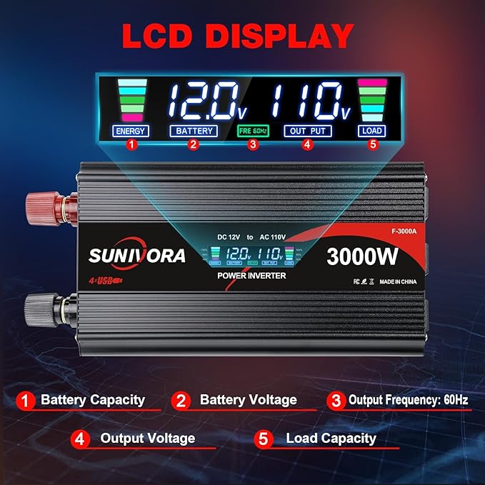 3000 Watt Inverter with LCD & Remote Control 12V DC to 110V/120V AC 60HZ Power Converter