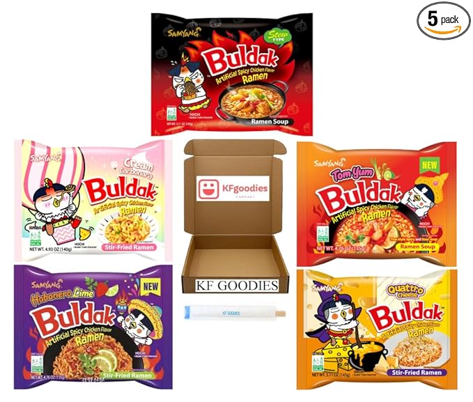 KF GOODIES Korean Ramen Variety Pack Gift Box (5 Count) – Spicy Buldak Noodle Assortment for