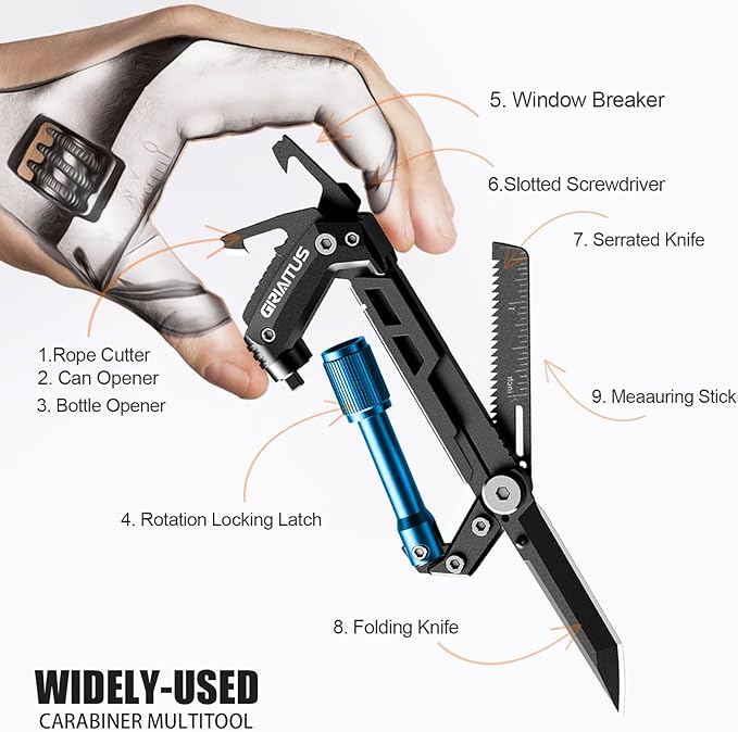 Carabiner Multitool with Pocket Knives, EDC Carabiners, Serrated Knife, Rope Cutter, Screwdriver