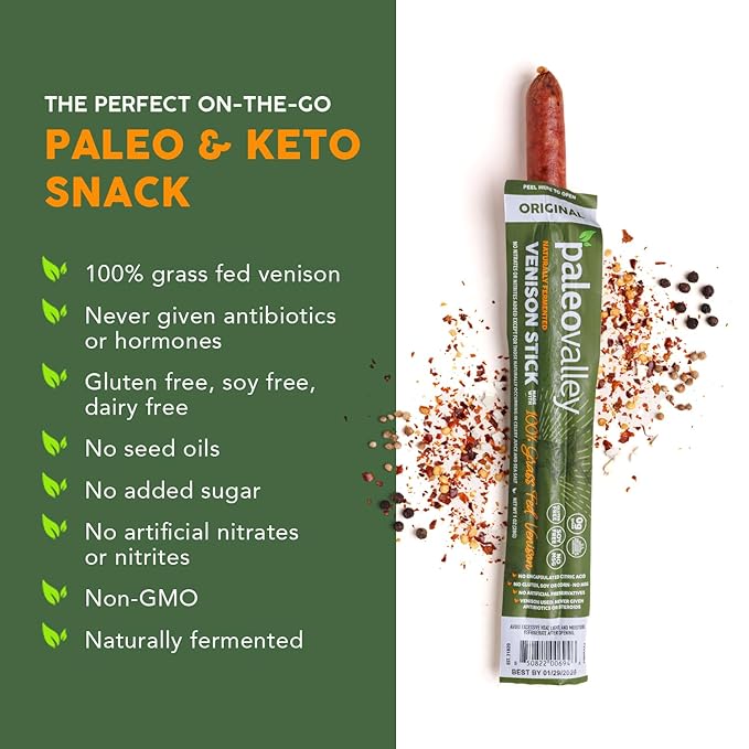 Paleovalley 100% Grass Fed Venison Sticks – 10 Pack – Keto-Friendly, High Protein, Low-Calorie
