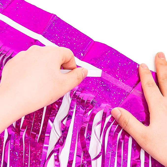 BRAVESHINE Hot Pink Tinsel Foil Fringe Curtains - 2Pcs 3.2x8.2ft Metallic Party Streamers Backdrop