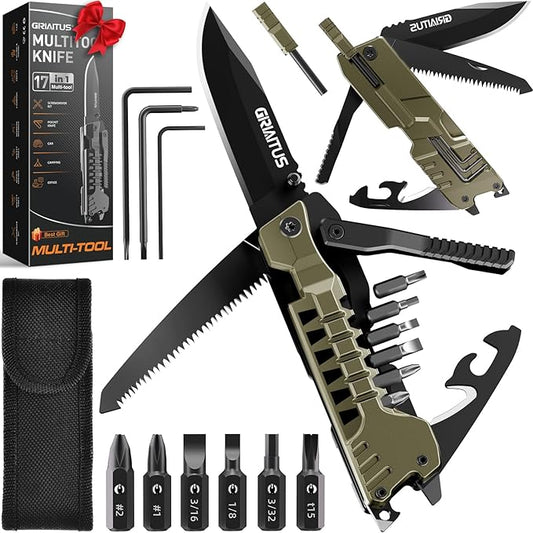 Multitool Knife, 17 in 1 Pocket Knife with Screwdriver, Fire Starter Sticks, Bottle Opener, Saw