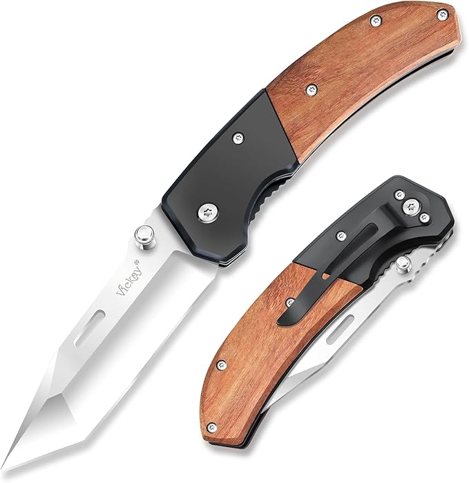Vickay Pocket Knife, Folding Knife with Clip - 3.54??Tanto Blade, Wood Handle EDC Knife for Men &