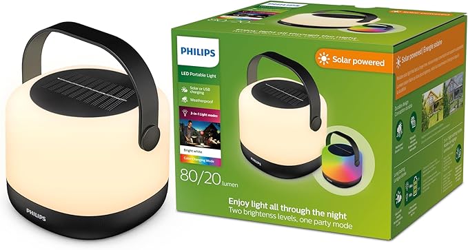 PHILIPS LED Solar Portable Light, 3-in-1 Light Setting 1-Pack Bright White (3000K), Color Changing