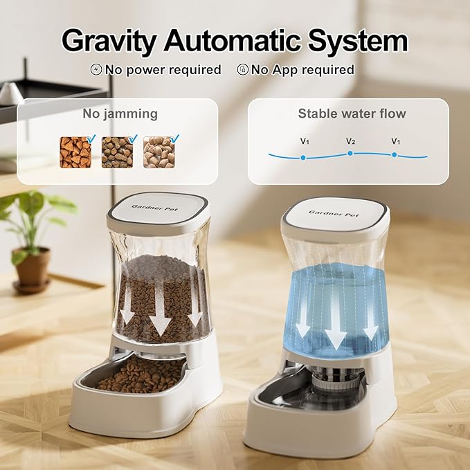 Automatic Pets Gravity Feeder and Water Dispenser Set, 1Gallon x 2 Stainless Steel Food Feeder and