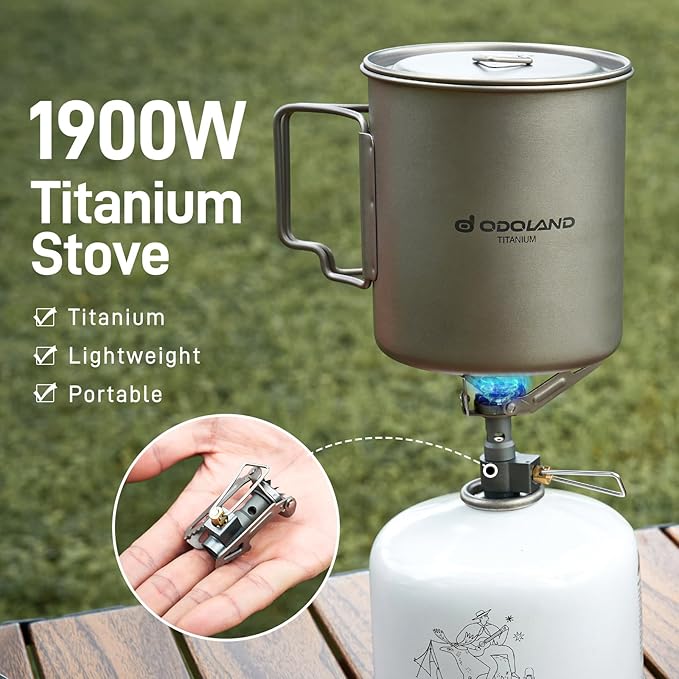 Odoland Titanium Camping Cookware 750ML Titanium Pot with Camping Stove and Spork Portable Pot for