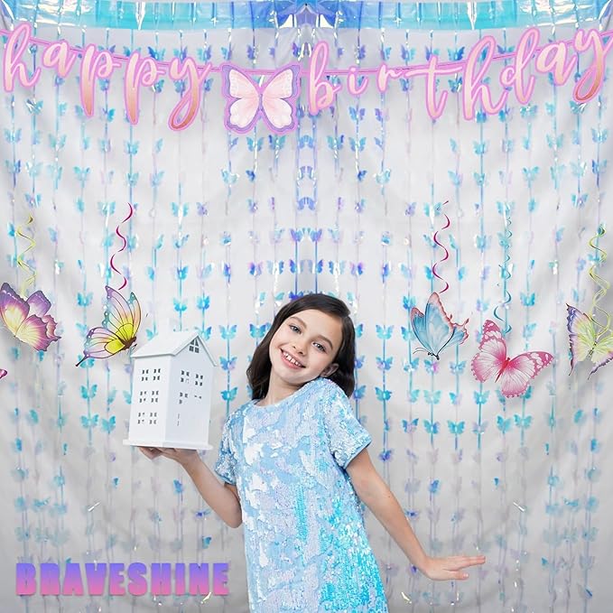 BRAVESHINE Iridescent Hanging Butterfly Foil Fringe Curtain - 2 Pack 3.2x6.6ft Holographic Party