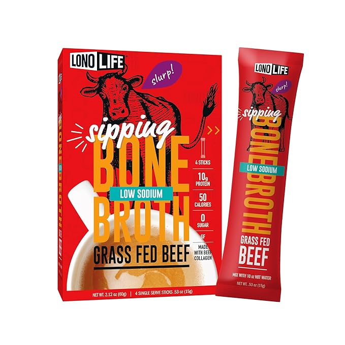 LonoLife Low Sodium Beef Bone Broth Powder Mix | Grass-Fed, 10g Protein | Collagen-Rich, Keto &