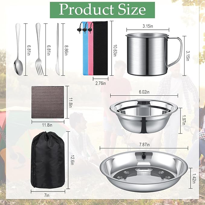 Lallisa Outdoor Camping Cookware Mess Kit Polished Stainless Steel Dishes Camping Utensils Portable