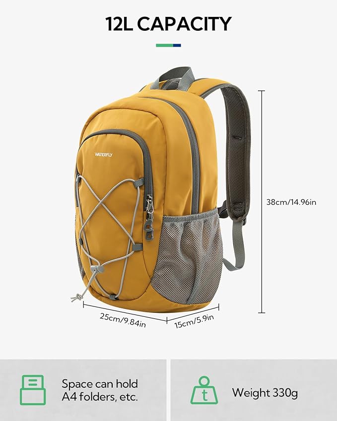 WATERFLY 12L Small Hiking Backpack: Day Pack Lightweight Travel Bag Camping Fitness Cycling Outdoor