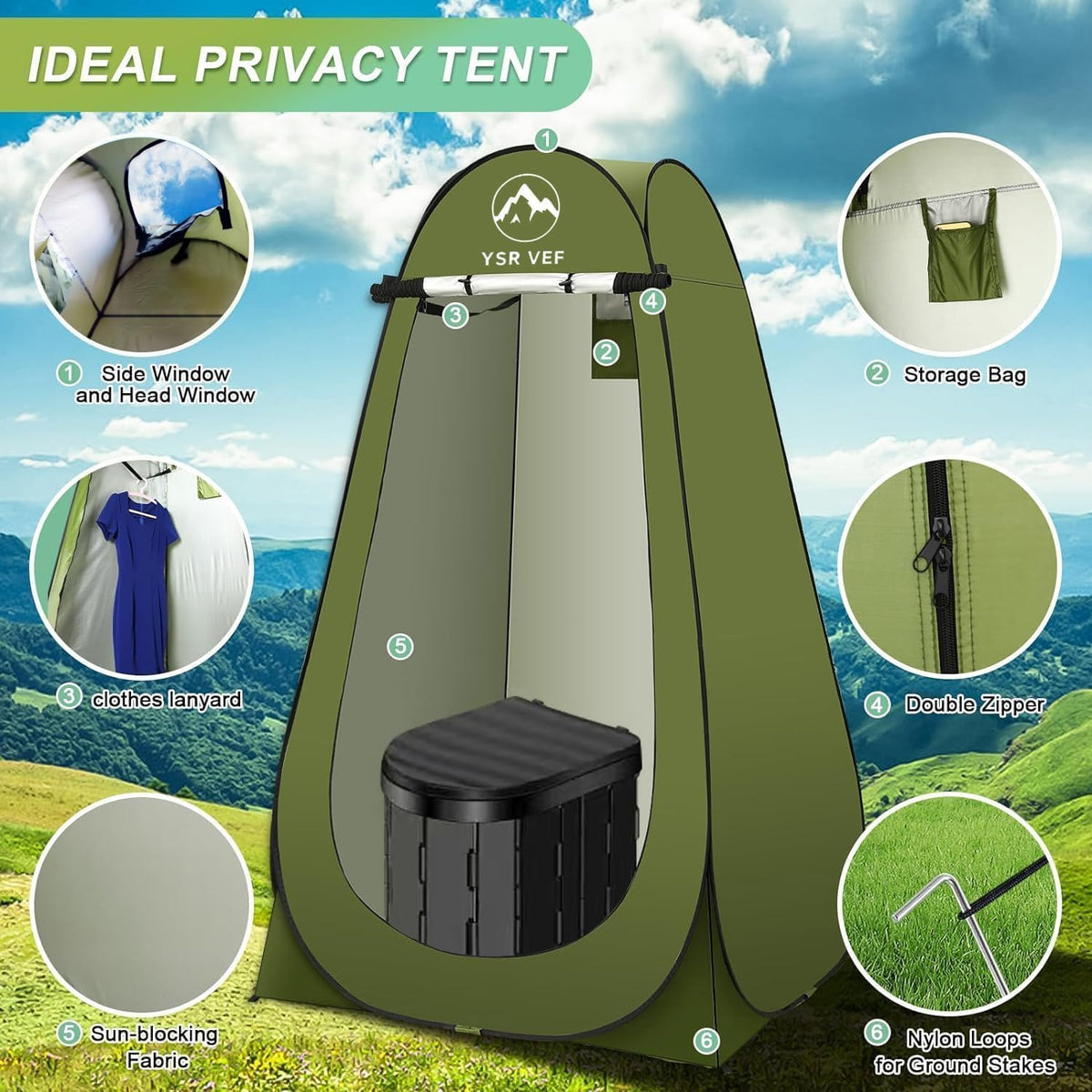 Portable Camping Toilet Kit with Pop-Up Privacy Tent, Washable Outdoor Shower and Changing Room