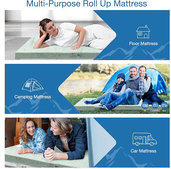 KingChii CertiPUR-US Memory Foam Camping Mattress, Portable Roll Up Travel Car Camping Mattress