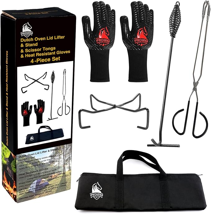 5-in-1 Dutch Oven Camping Accessories Kit - Campfire Cooking Equipment with Heat-Resistant Gloves