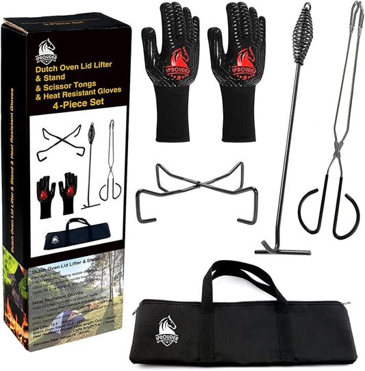 5-in-1 Dutch Oven Camping Accessories Kit - Campfire Cooking Equipment with Heat-Resistant Gloves