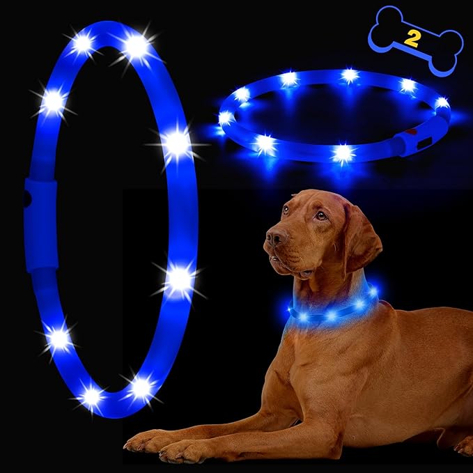 HIGO Light Up Dog Collar - 2-Pack Silicone LED Rechargeable, Safety Light, Glow in The Dark Lighted