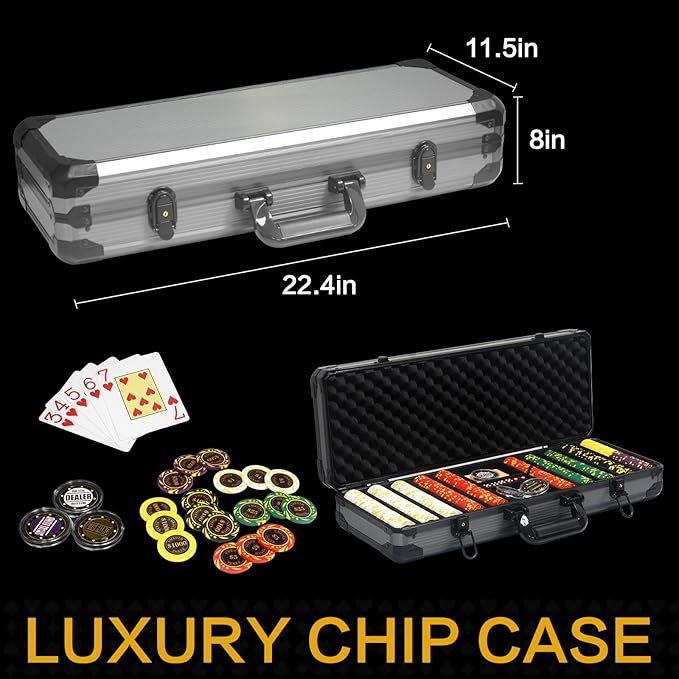 13.5 Gram Clay Poker Chip Set Texas Hold'em Casino Chips 2 Decks of Cards, Aluminum Case Dealer