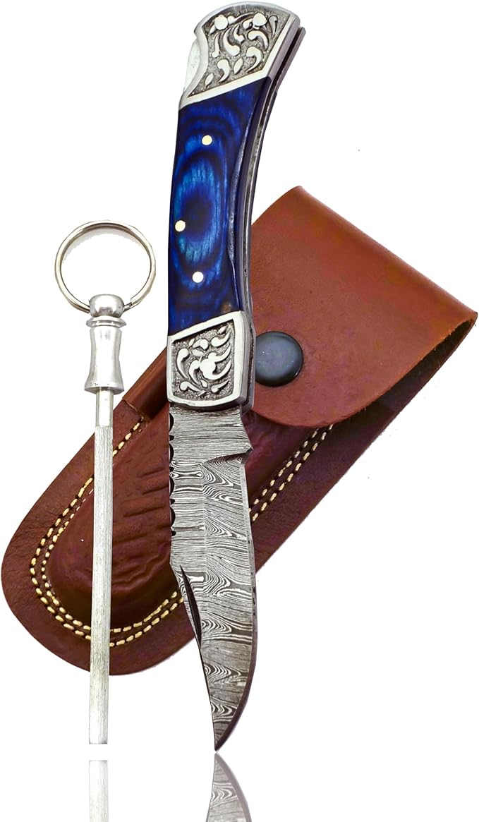 Handmade Damascus Pocket Knife for Men - 7.2 Inches Engraved Steel Damascus Folding Pocket Knife