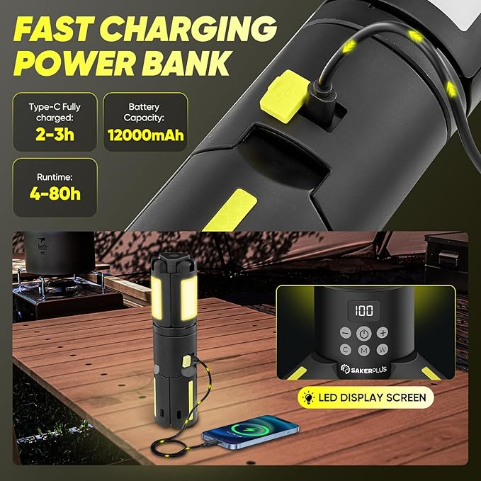 Portable Camping Lights with Stand, 5000LM Rechargeable LED Flashlight, 9 Color Modes, Collapsible