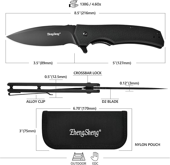 Praxis Folding Pocket Knife, 3.6" PVD Titanium Coating D2 Steel Blade Foldable Knife with G10