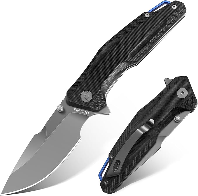 FINTISO Pocket Knife, 3.26" Premium 14C28N Blade G10 Handle with Fire Starter Function, Folding