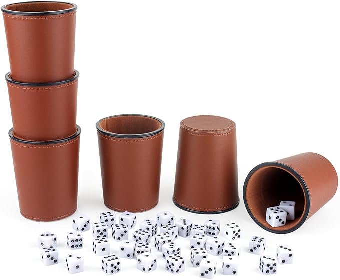 Felt-Lined PU Leather Dice Cup Set, 6 Quiet Shaker Cups With 36 Dice for Bar Party Yahtzee Farkle