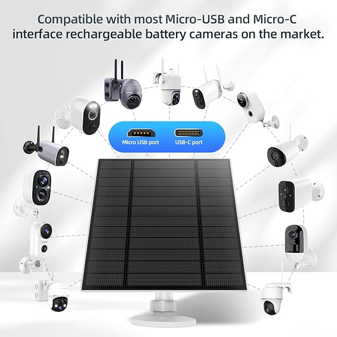 5W Solar Panels for Security Camera, Solar Panel with Micro USB & USB-C Port for DC 5V Outdoor